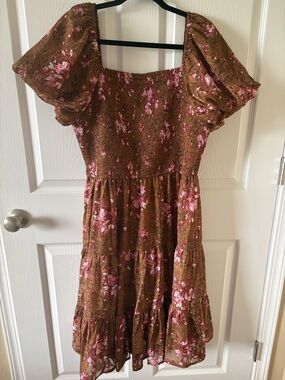 Baltic Born Brown Floral Midi Dress with Pink Accents